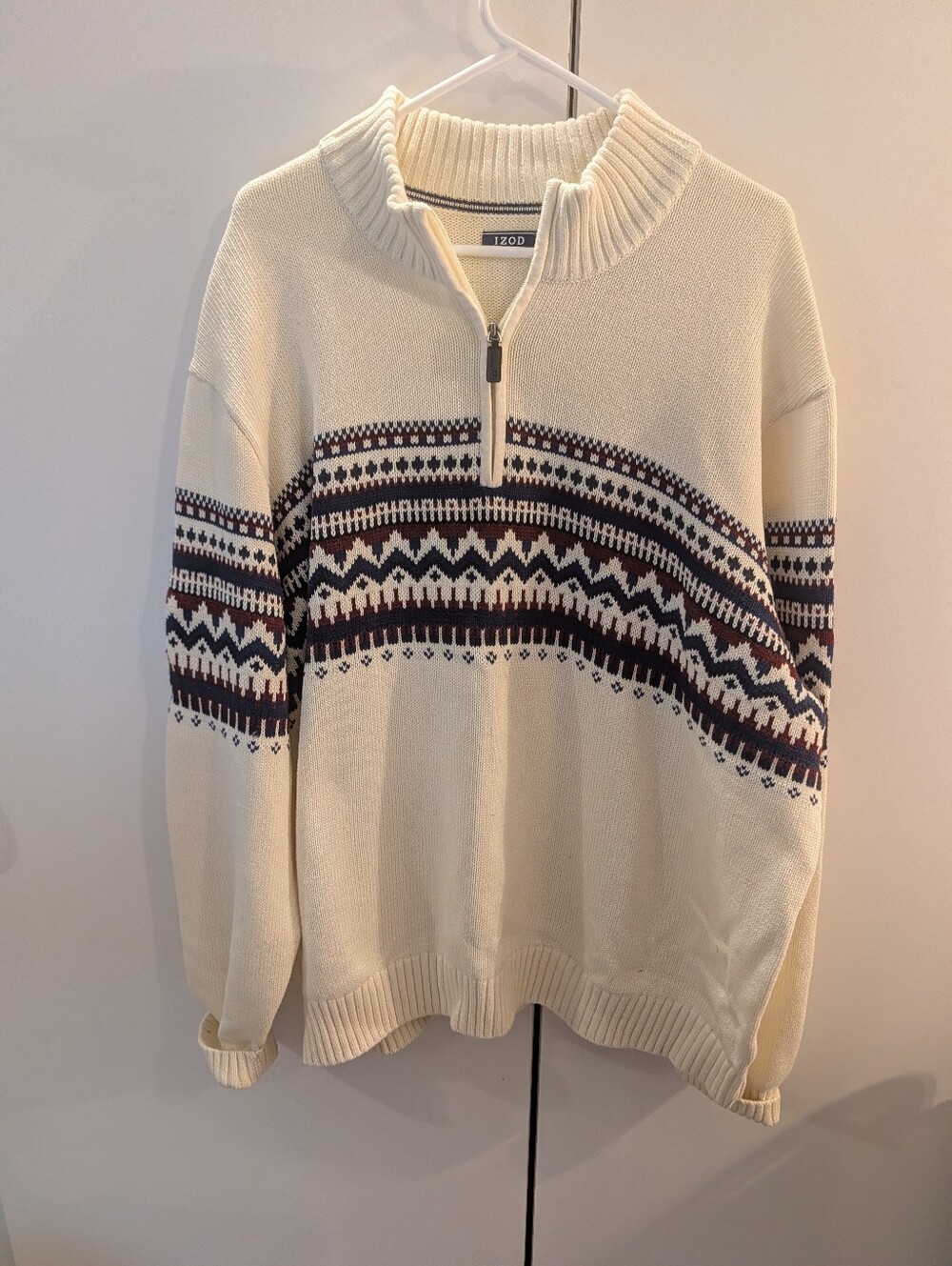 Izod Mens 3XB Cream Half-Zip Sweater with Navy and Brown Fair Isle Stripes